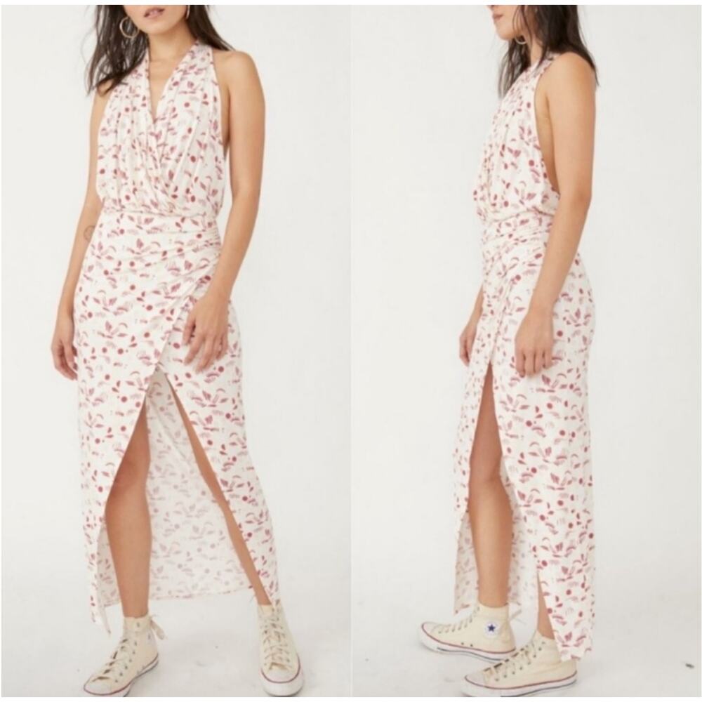 NWT Free People Daria Graphic Maxi Dress Ivory Red Combo Front Slit Size L